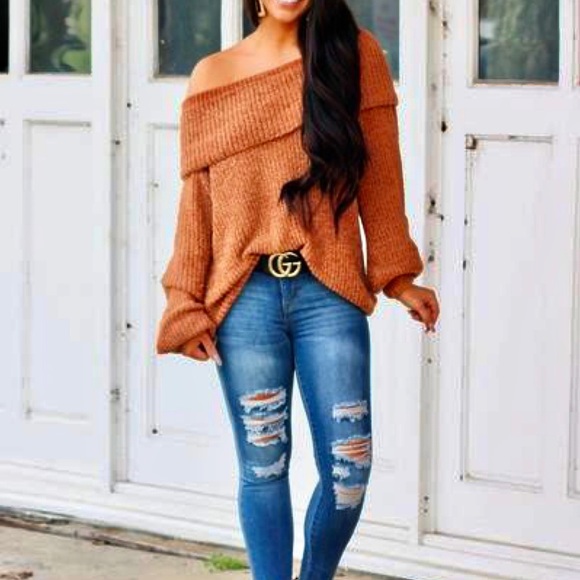 Boutique Sweaters - Giselle Terra-cotta Off Shoulder slouchy sweater